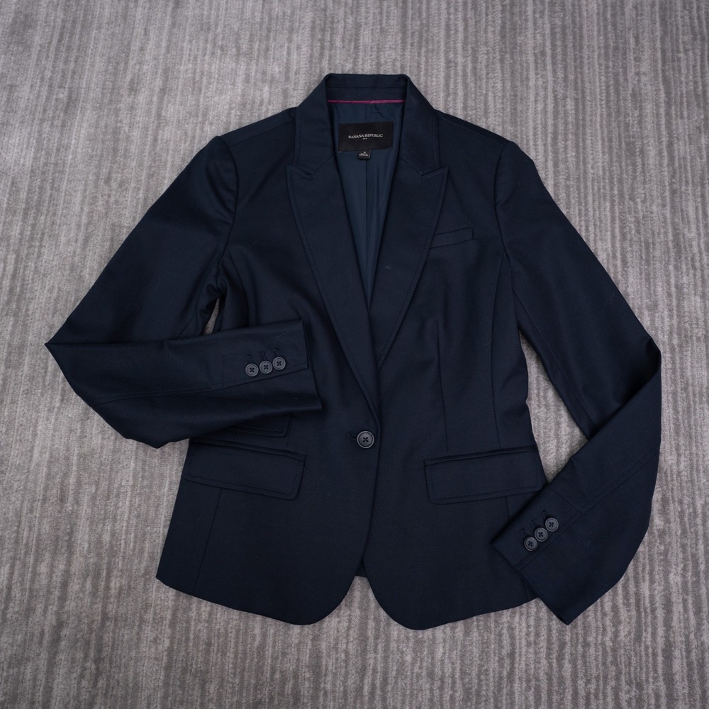 Banana Republic Blazer Womens 4 Blue Excellent Cotton Blend Peak Lapel 1-Button